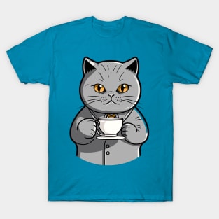 British Shorthair Cat Drinking Coffee T-Shirt